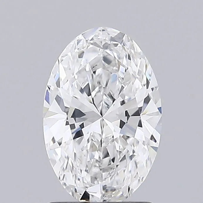 An oval lab grown diamond with a bright white appearance.