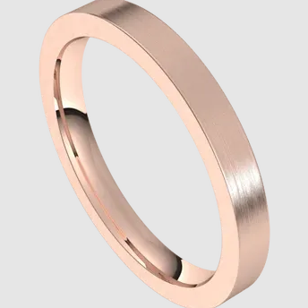 2.5mm flat rose gold wedding band with a brushed finish.