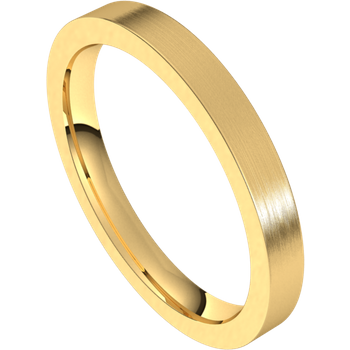 2.5mm flat yellow gold wedding band with a brushed finish.