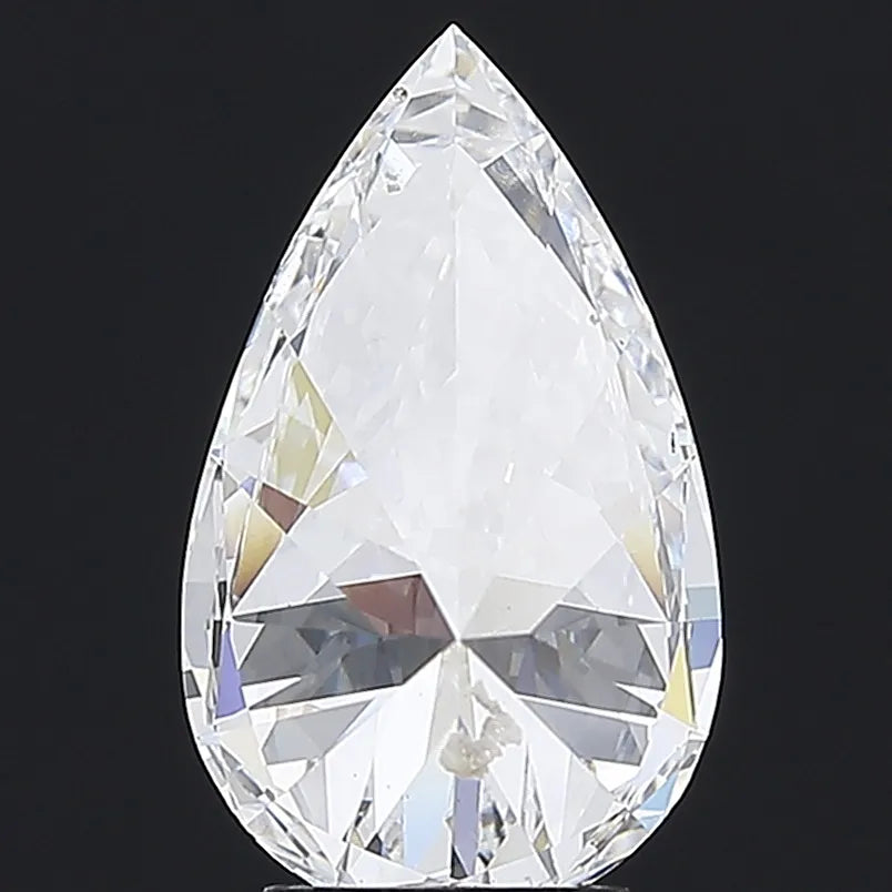 A 3.83 carat pear-shaped lab-grown diamond with E color and VVS2 clarity.