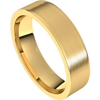 5mm flat yellow gold wedding band with a brushed finish.