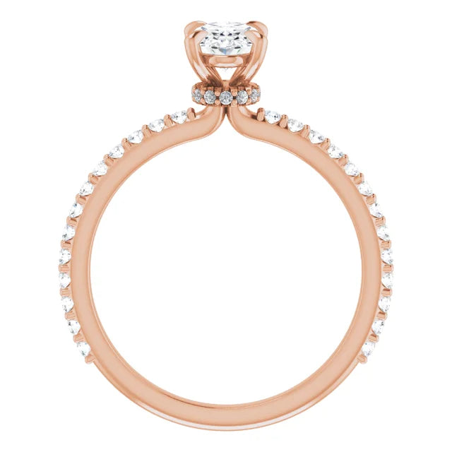 Oval lab diamond ring with pavé band and crown gallery.