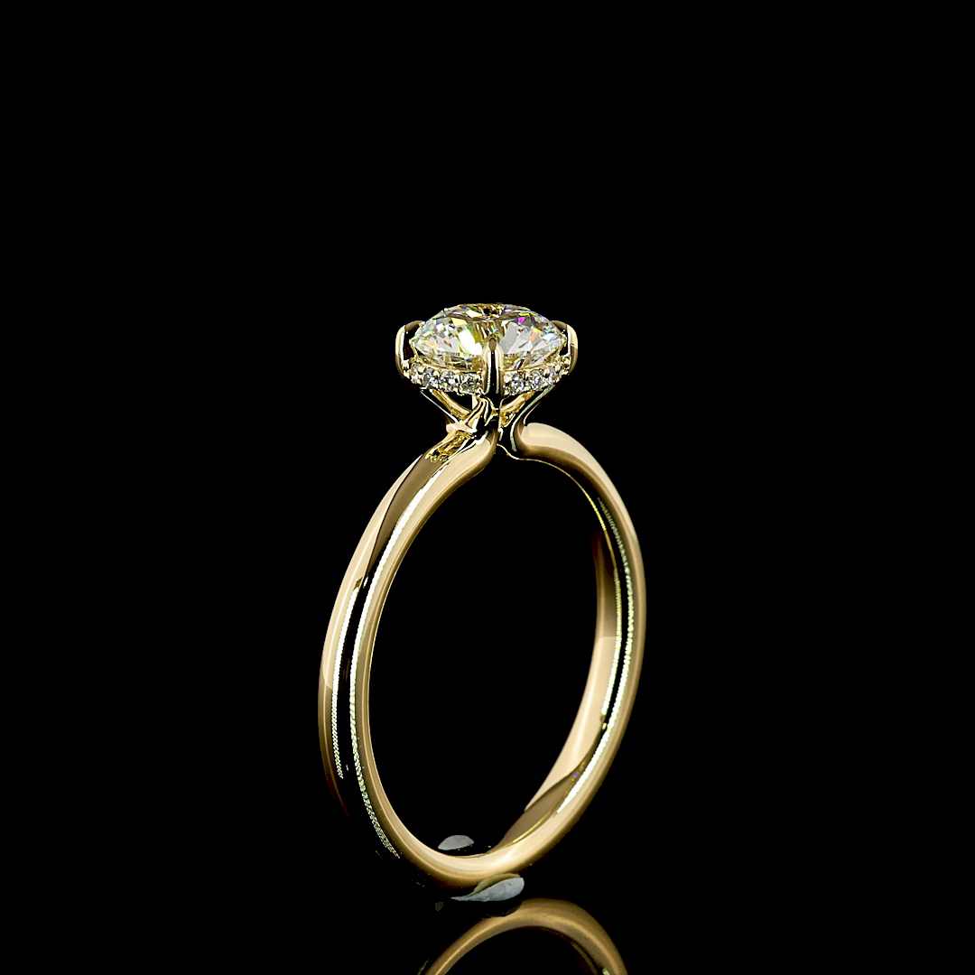 1.13ctw lab grown round diamond engagement ring in 14k yellow gold with a hidden halo.