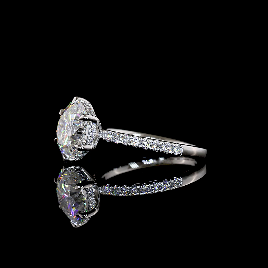 Side view of a 3.36ctw lab grown round diamond engagement ring in platinum with a hidden halo.