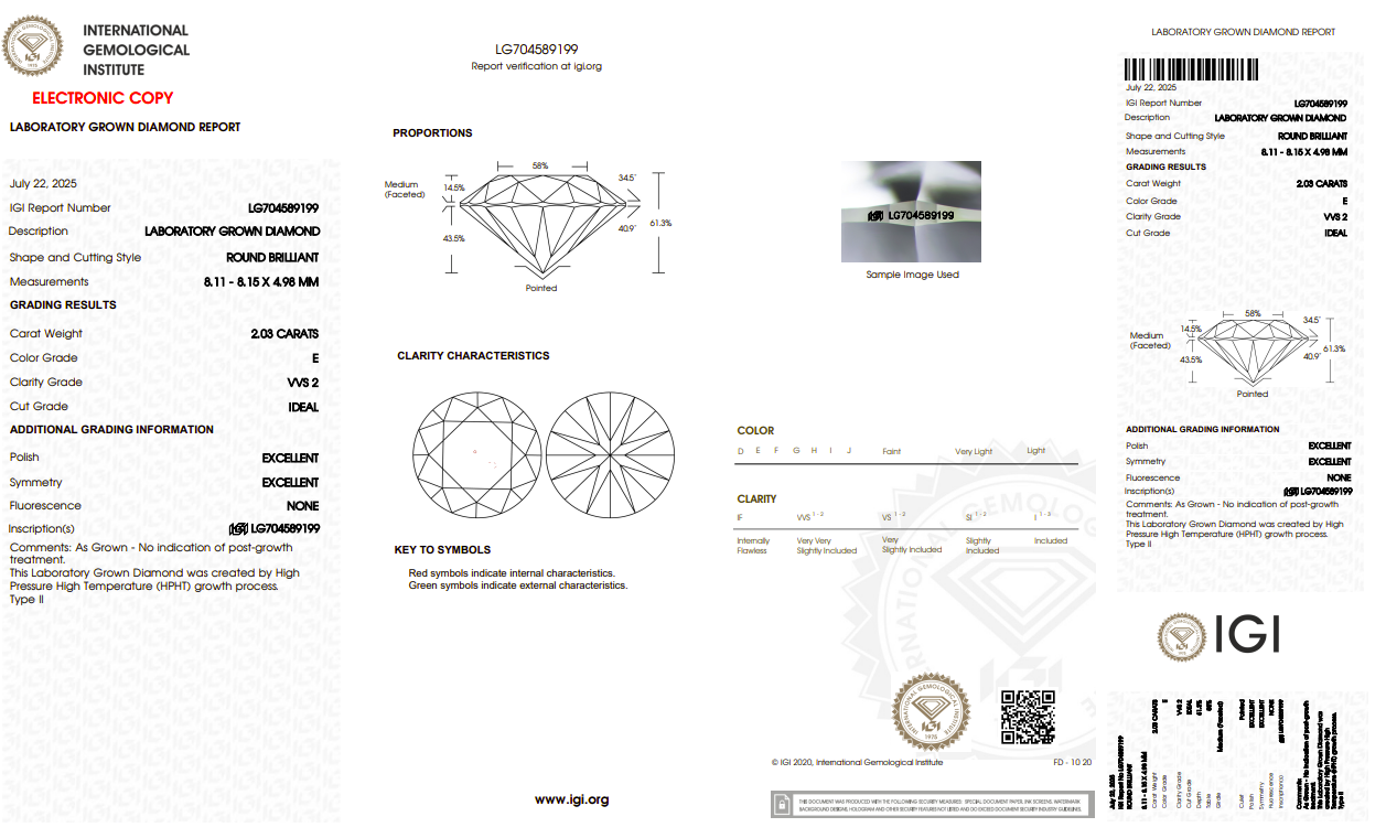 IGI report for a 2.03 carat round brilliant lab grown diamond.
