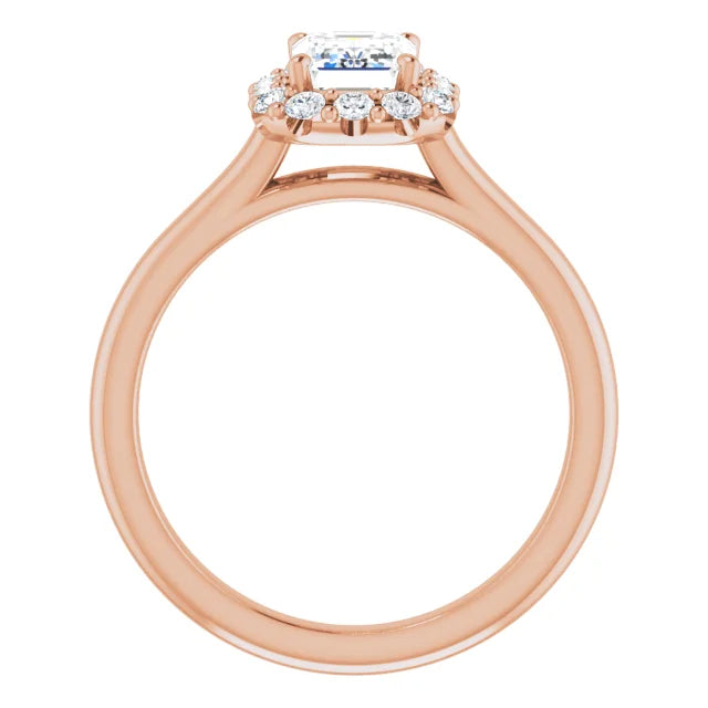 Emerald cut diamond halo engagement ring setting in rose gold.