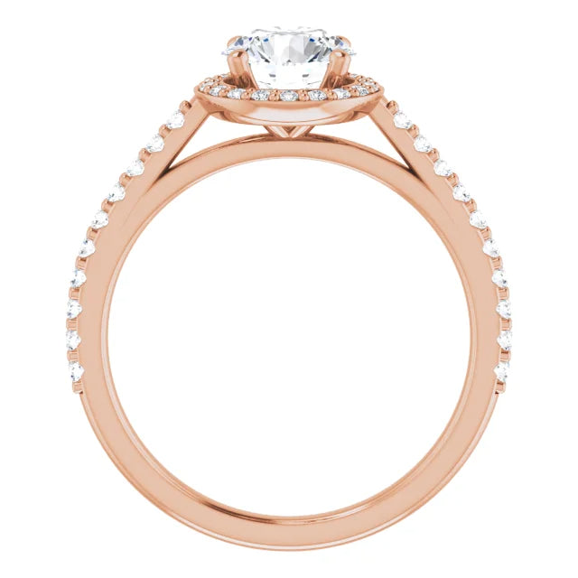 Round natural diamond halo engagement ring with pavé band.