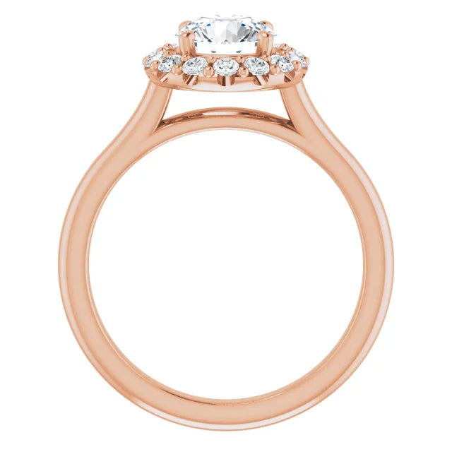Round natural diamond halo engagement ring setting in rose gold.