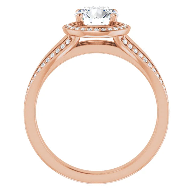 Round natural diamond halo engagement ring with a split shank.