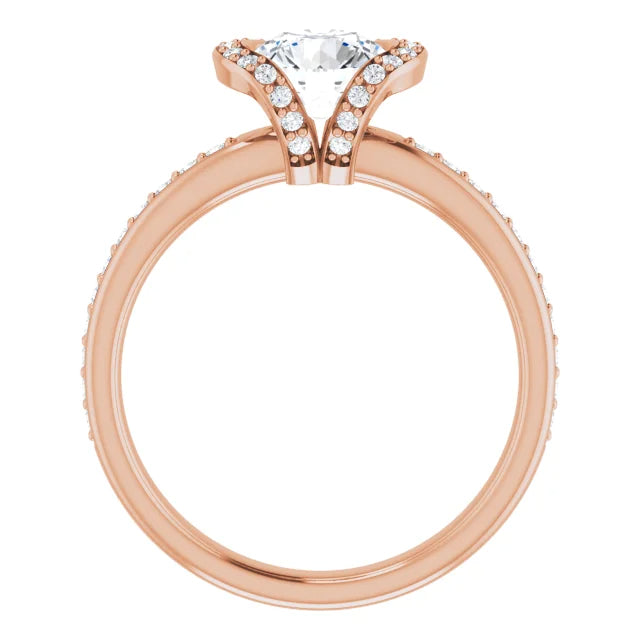 Round natural diamond halo engagement ring setting in rose gold.