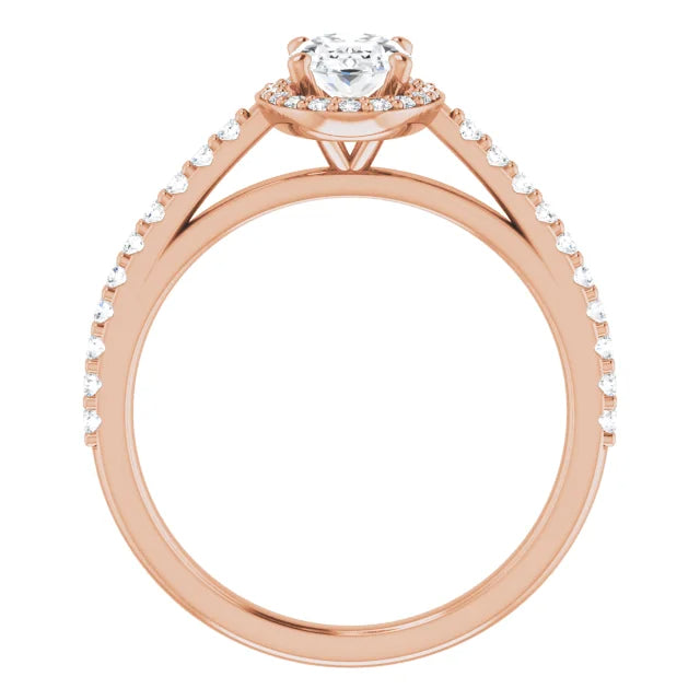 Oval natural diamond halo engagement ring setting in rose gold.