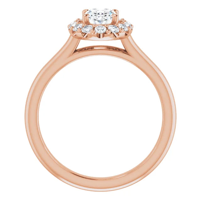 Oval natural diamond halo engagement ring setting in rose gold.
