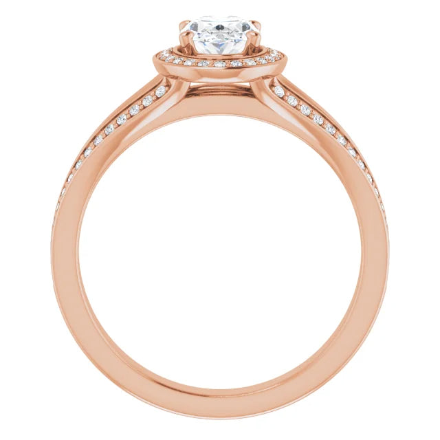 Oval natural diamond halo engagement ring with a split shank.