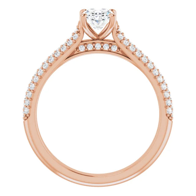 Oval natural pavé setting with a solitaire diamond and diamond-accented band.