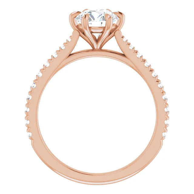 Round natural diamond solitaire ring with pavé band.