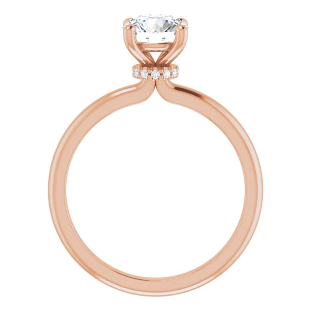 Rose gold round solitaire ring with a pavé diamond crown gallery.