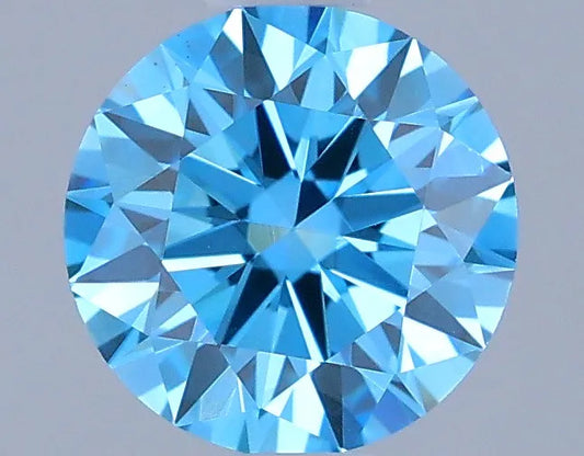 A round, fancy vivid blue lab grown diamond with VS1 clarity.