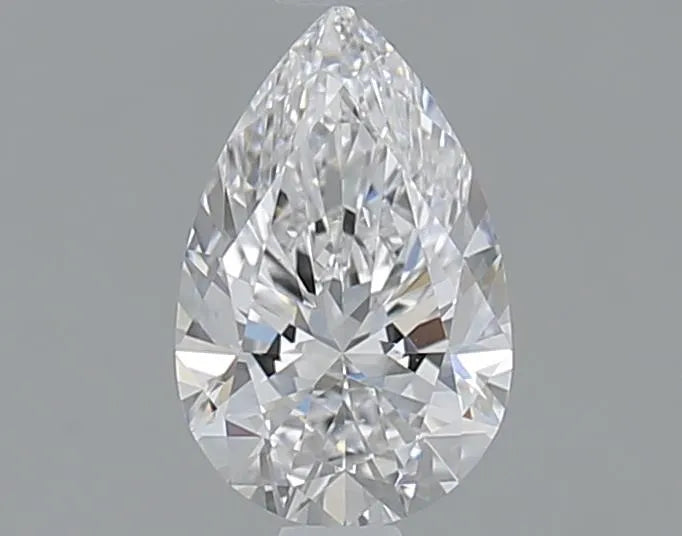 A 0.70 carat pear-shaped natural diamond with excellent cut, color E, and clarity VS2.