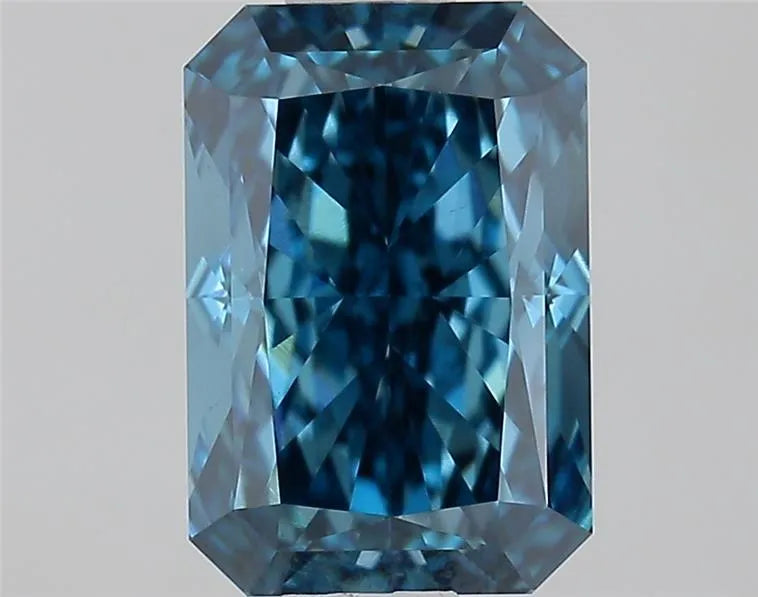 A 1.07 carat radiant cut fancy vivid blue VS2 lab grown diamond.