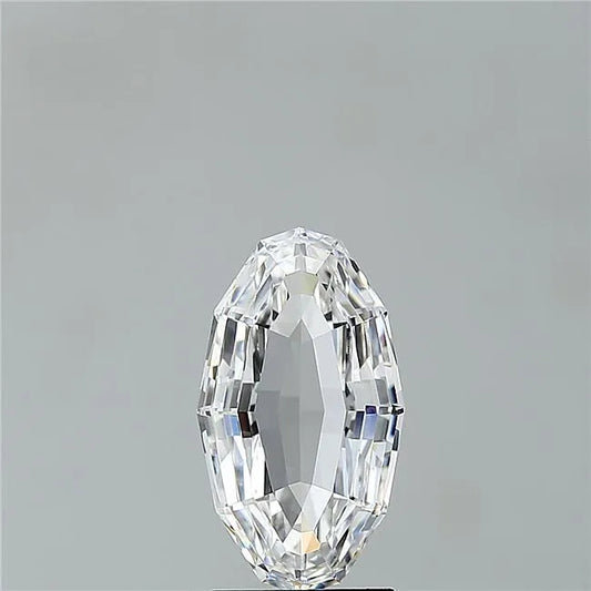 A clear, oval-shaped lab-grown diamond with many facets.