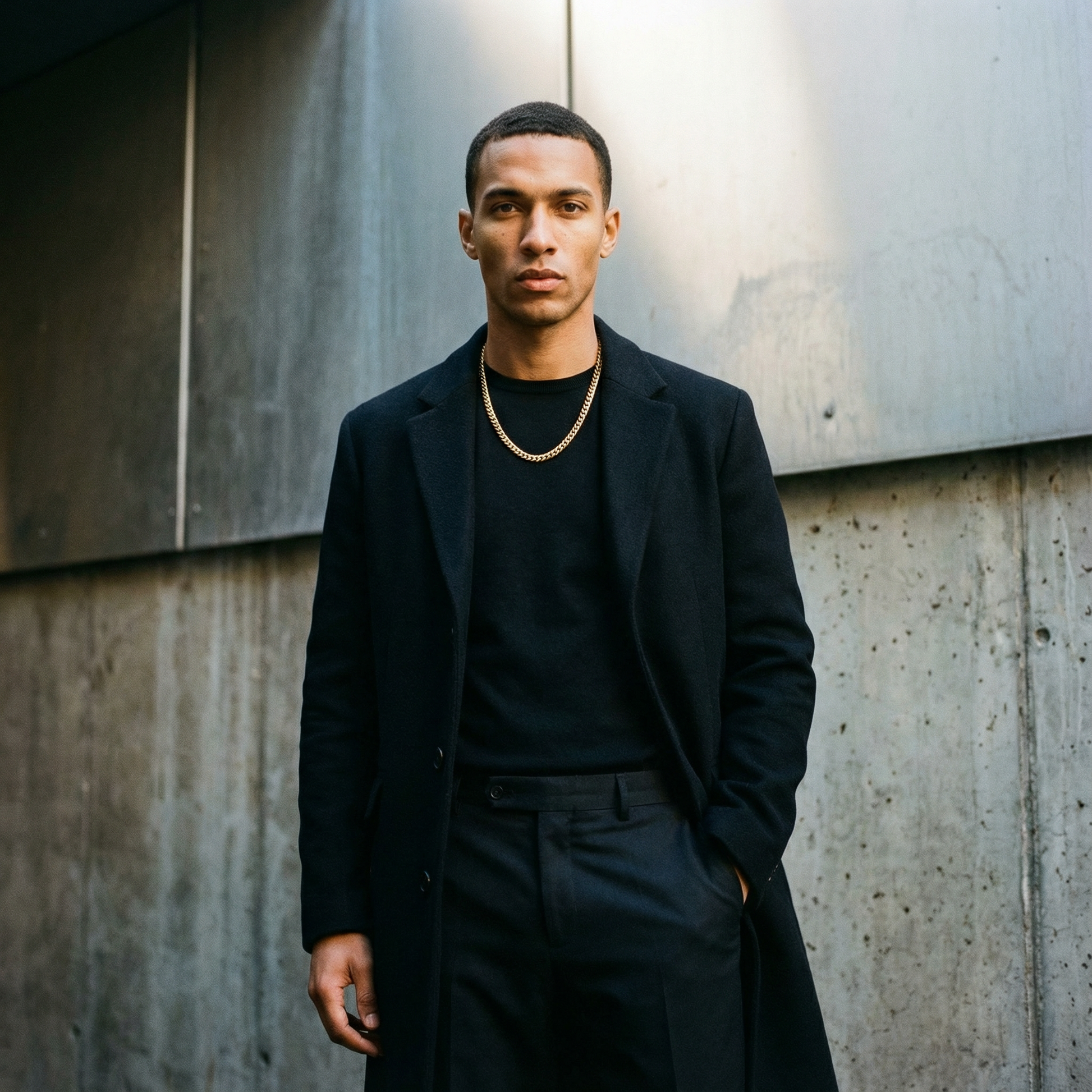 A man wears a 7.6mm domed curb link chain in 14k yellow gold over a black coat and sweater.