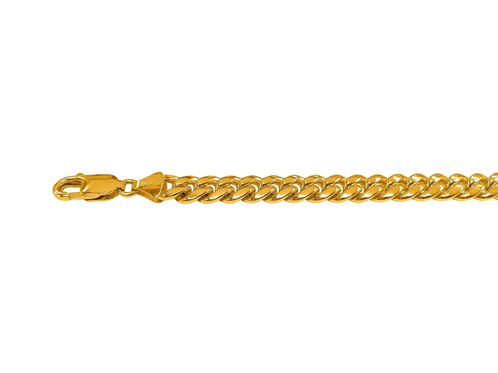 A 14k yellow gold 7.6mm domed curb link chain with a polished finish and lobster clasp.