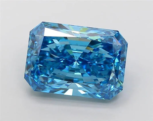 A radiant cut, 8.04 carat, fancy vivid blue lab grown diamond with VS1 clarity.