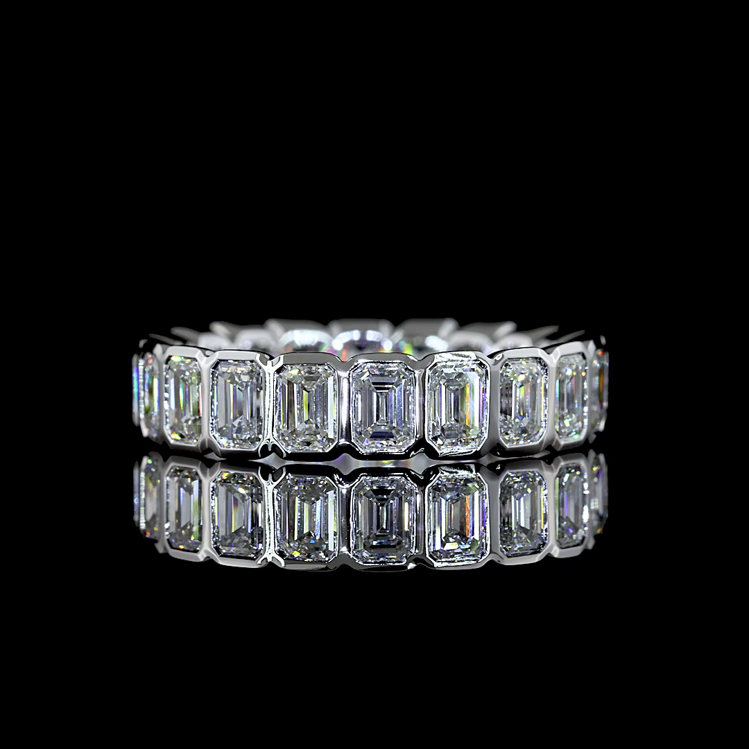 A 3.10ctw lab grown emerald cut diamond eternity band in white gold.