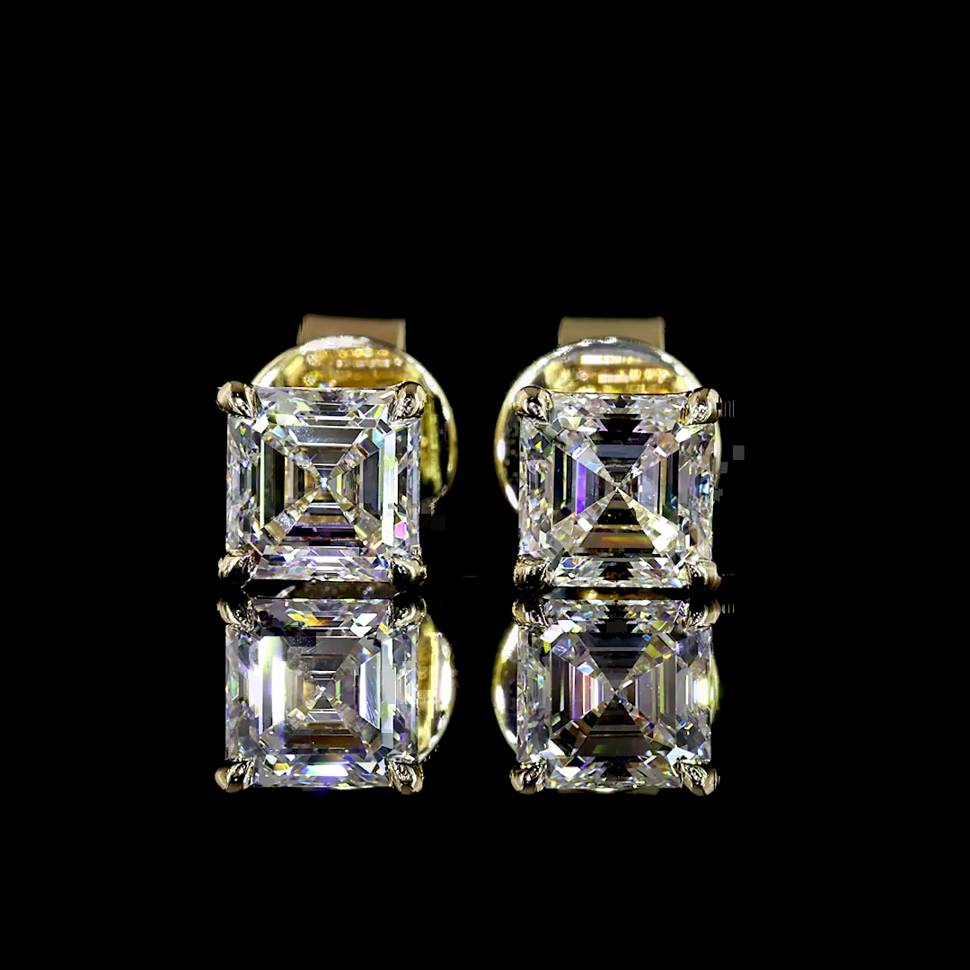 1.03ctw lab grown asscher diamond stud earrings in 14k yellow gold.