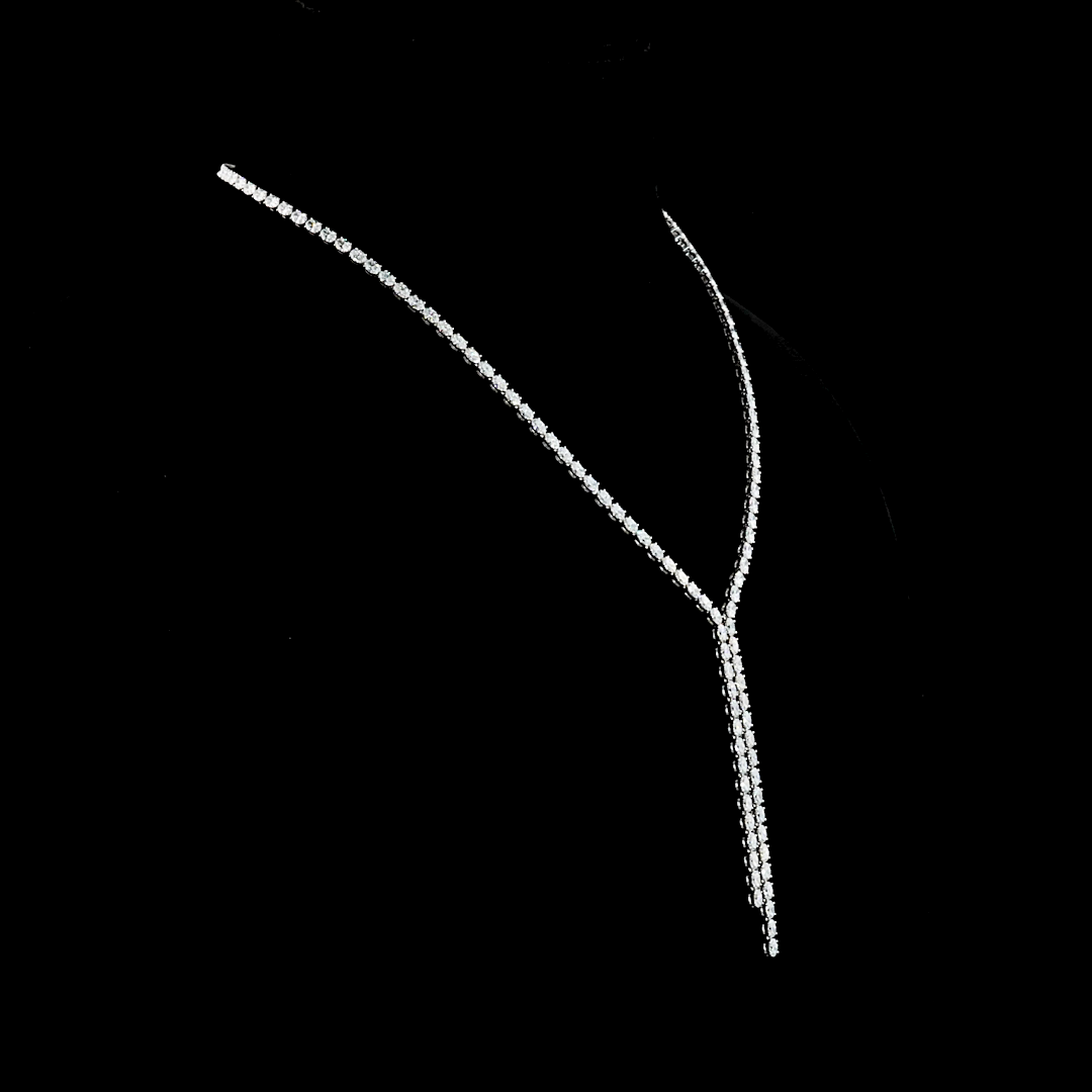 13.89ctw oval cut lab grown diamond lariat necklace in 14k white gold on a black bust.