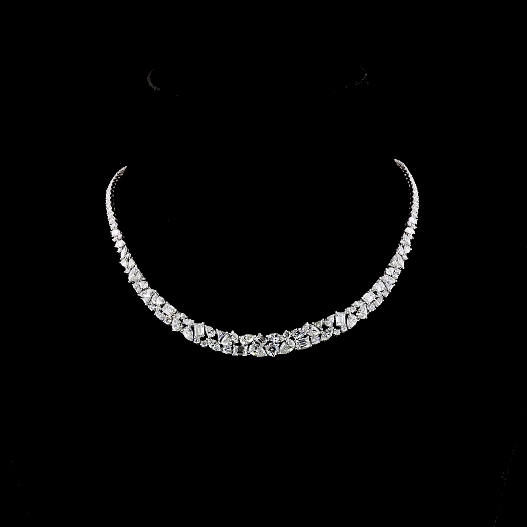 16.39ctw lab grown diamond necklace in 14k white gold with mixed-shape stones on a black bust.