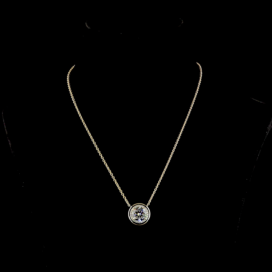 5.32ctw lab grown round diamond halo pendant in 14k yellow gold on an 18 inch chain.