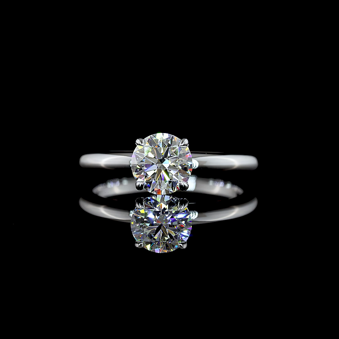 1.02ct lab grown round diamond solitaire engagement ring in 14k white gold.