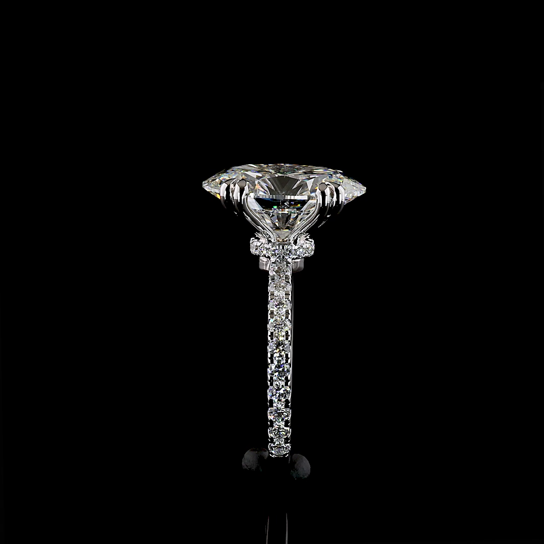 Side view of a 6.79ctw lab grown oval diamond engagement ring in 14k white gold with pavé band.