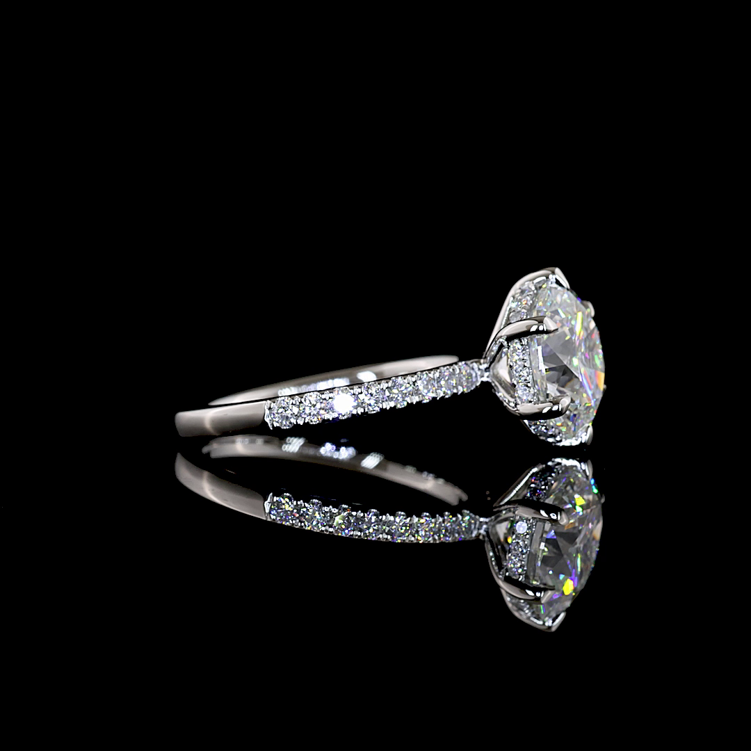 Side view of a 3.36ctw lab grown round diamond engagement ring in platinum with a hidden halo.